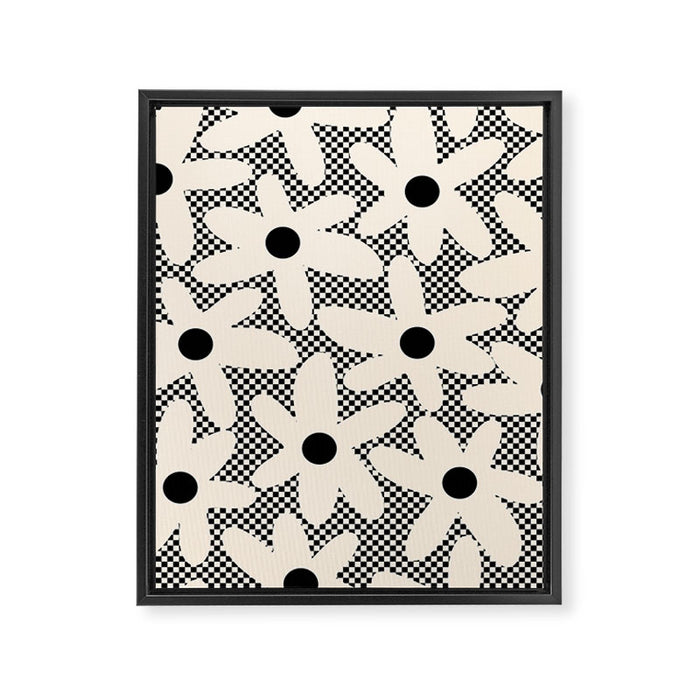Daisy Time Retro Floral Checks and Dots Pattern in Black and Almond Cream Framed Canvas Print Gallery Image 1