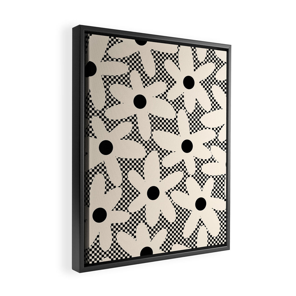 Daisy Time Retro Floral Checks and Dots Pattern in Black and Almond Cream Framed Canvas Print Gallery Image 2