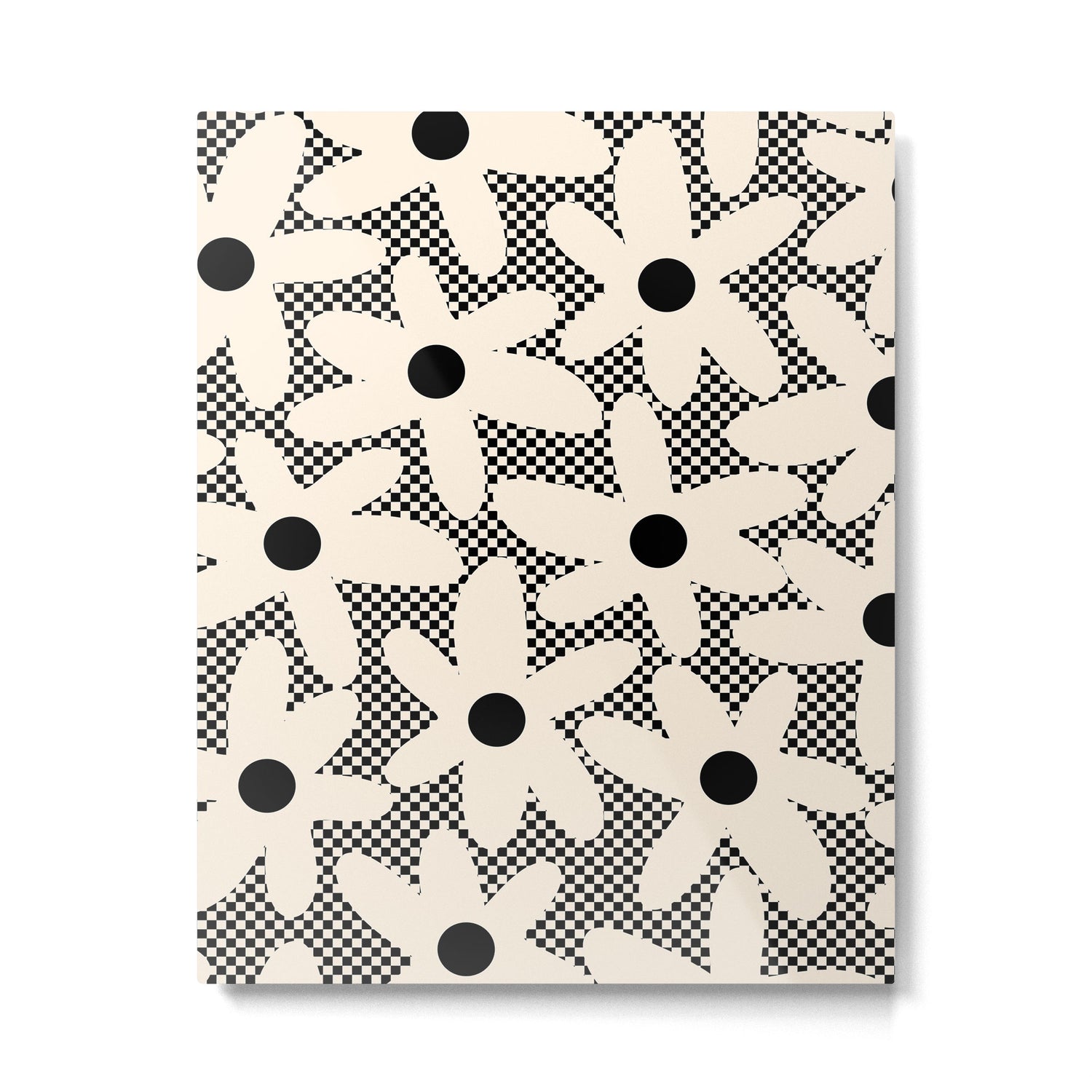 Daisy Time Retro Floral Checks and Dots Pattern in Black and Almond Cream Metal Print Gallery Image 6