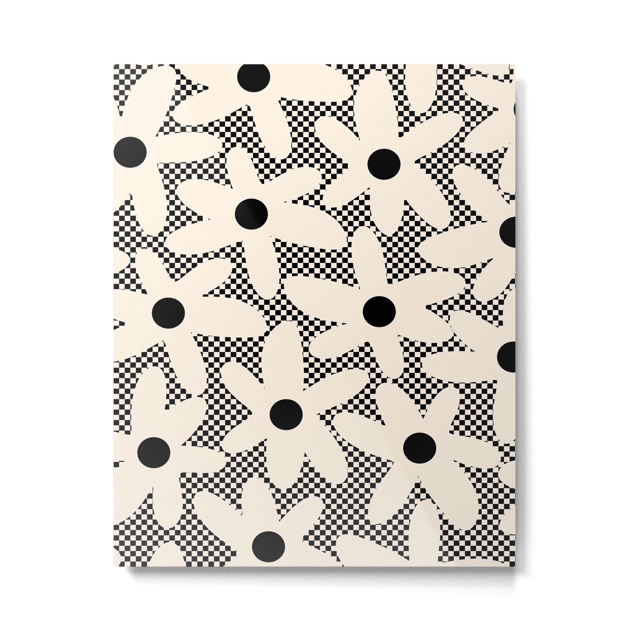 Daisy Time Retro Floral Checks and Dots Pattern in Black and Almond Cream Metal Print Gallery Image 6