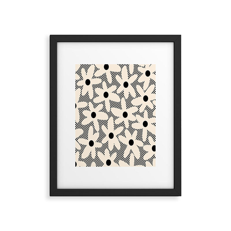 Daisy Time Retro Floral Checks and Dots Pattern in Black and Almond Cream Framed Art Print Gallery Image 4