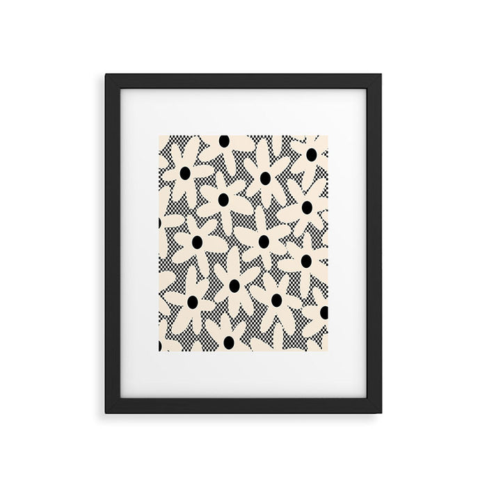 Daisy Time Retro Floral Checks and Dots Pattern in Black and Almond Cream Framed Art Print Gallery Image 1