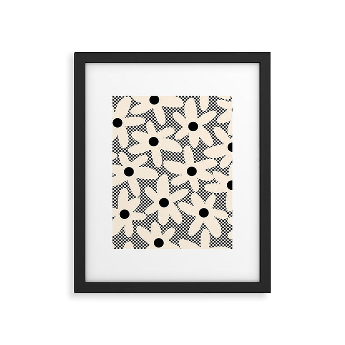 Daisy Time Retro Floral Checks and Dots Pattern in Black and Almond Cream Framed Art Print Gallery Image 1
