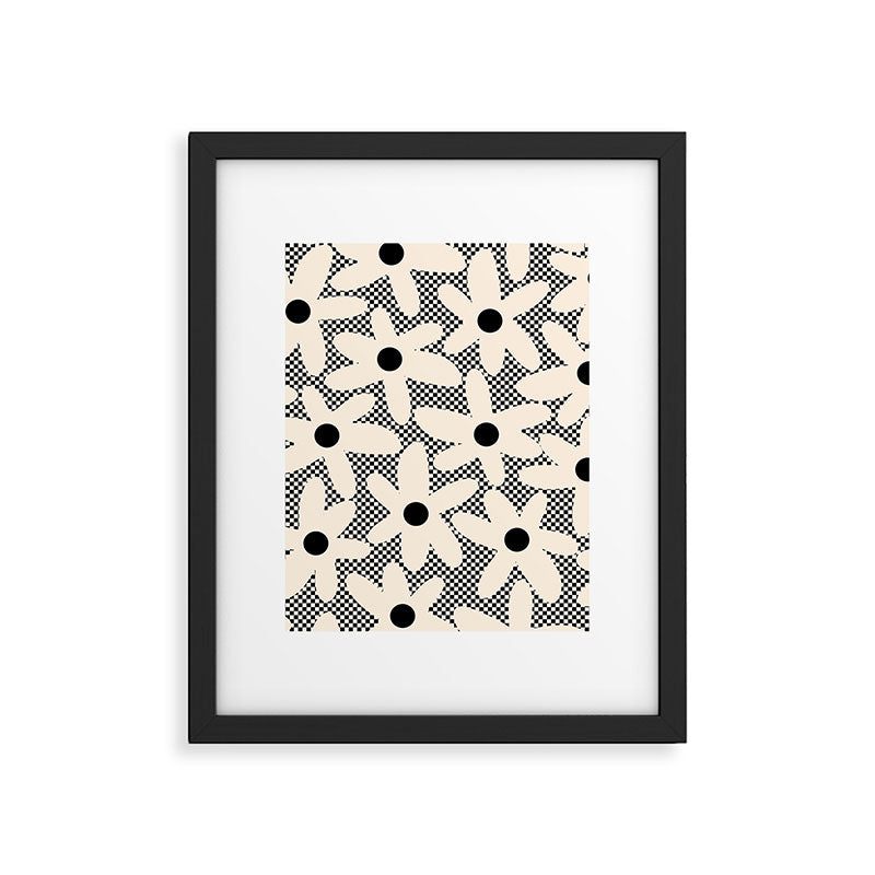 Daisy Time Retro Floral Checks and Dots Pattern in Black and Almond Cream Framed Art Print Gallery Image 6