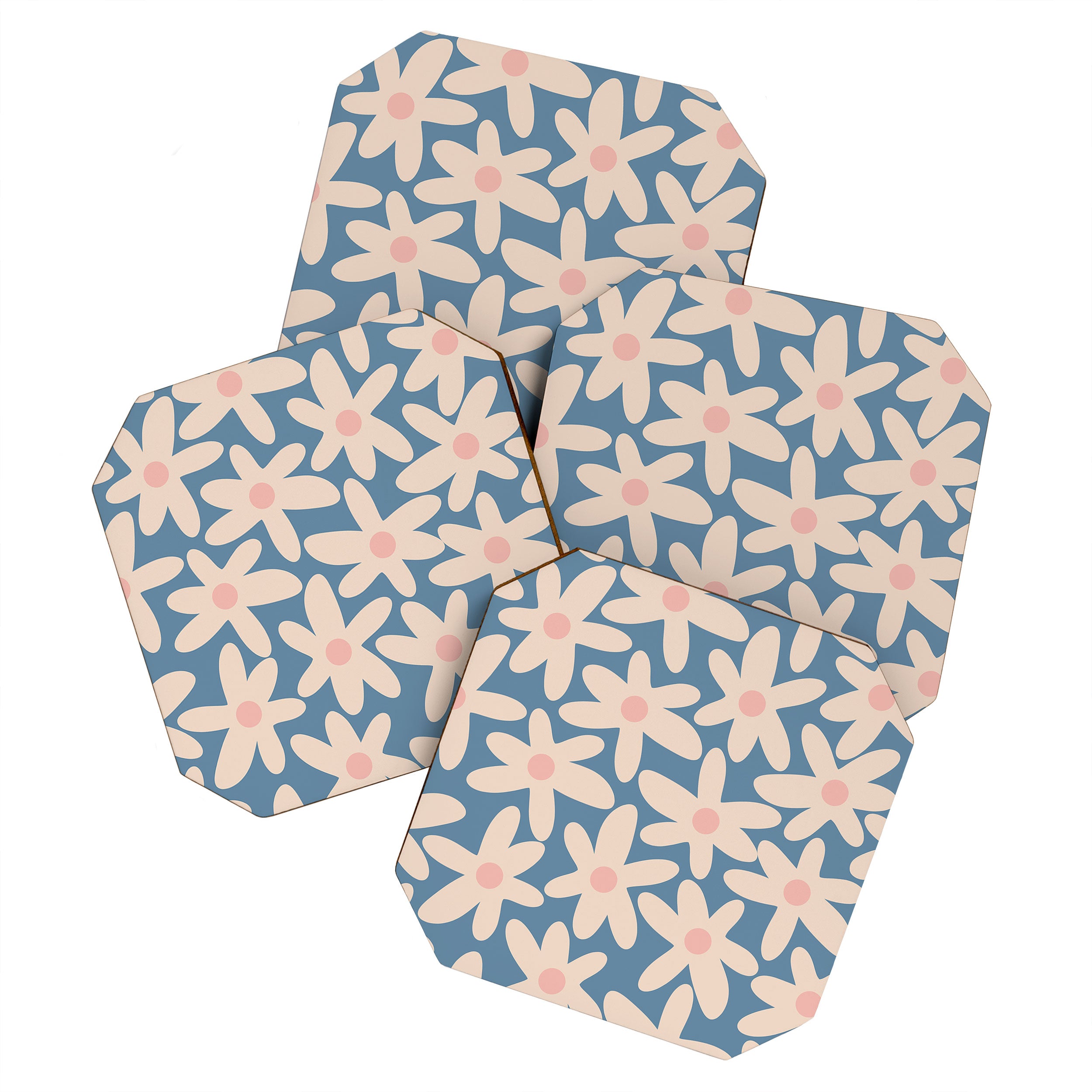 Daisy Time Retro Floral Pattern in Medium Blue and Pale Blush Coaster Gallery Image 1