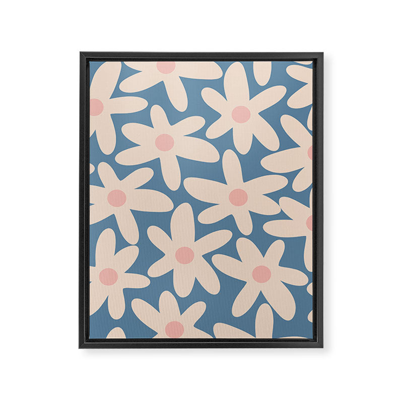 Daisy Time Retro Floral Pattern in Medium Blue and Pale Blush Framed Canvas Print Gallery Image 8