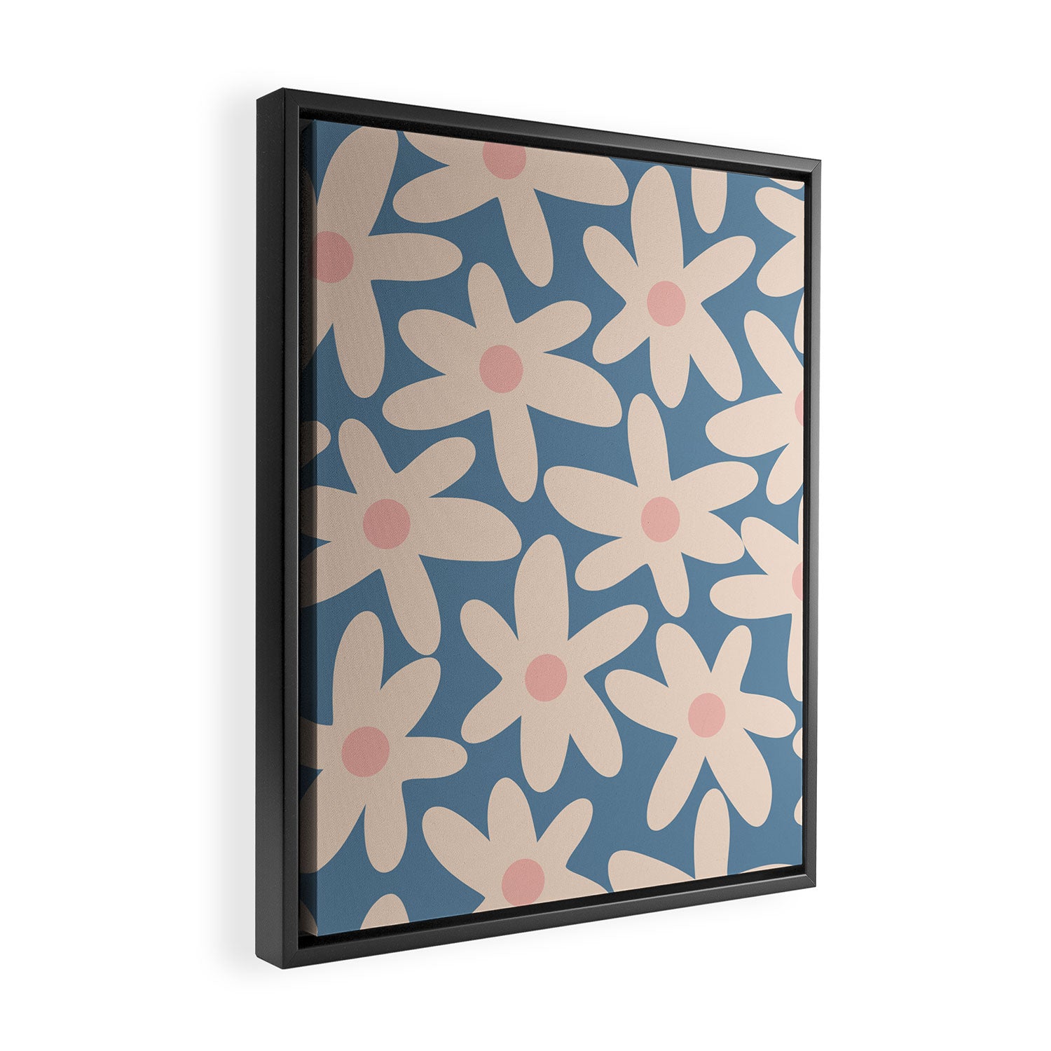 Daisy Time Retro Floral Pattern in Medium Blue and Pale Blush Framed Canvas Print Gallery Image 2