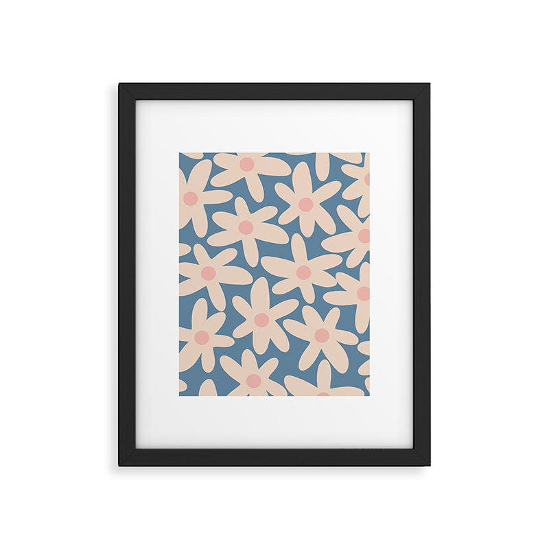 Daisy Time Retro Floral Pattern in Medium Blue and Pale Blush Framed Art Print Gallery Image 6