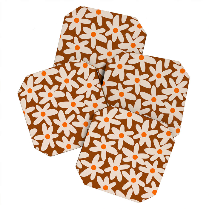 Daisy Time Retro Floral Pattern Brown Orange Beige Coaster Gallery Image 1