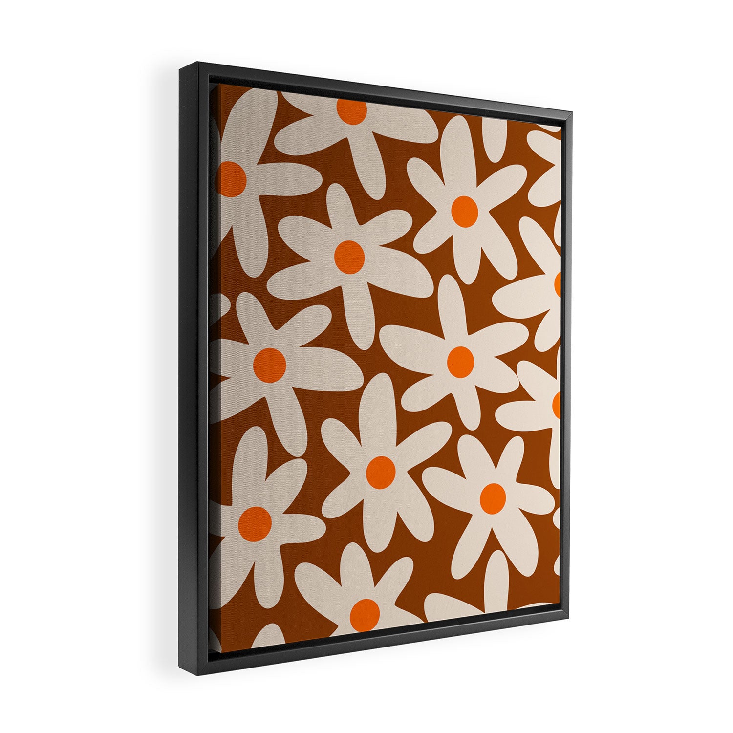 Daisy Time Retro Floral Pattern Brown Orange Beige Framed Canvas Print Gallery Image 2