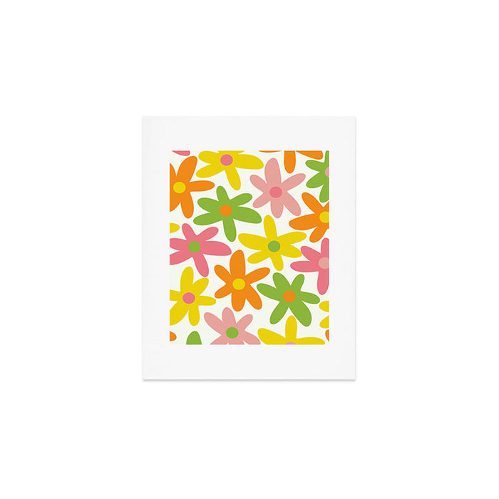 Daisy Time Retro Floral Pattern Green Pink Orange Yellow Art Print Gallery Image 1