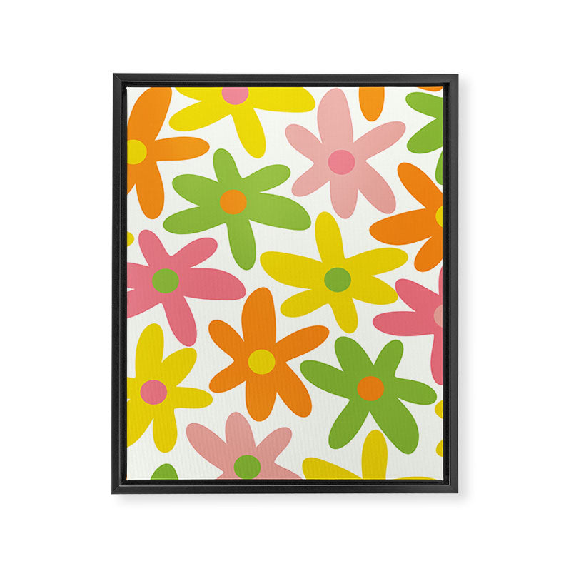 Daisy Time Retro Floral Pattern Green Pink Orange Yellow Framed Canvas Print Gallery Image 8