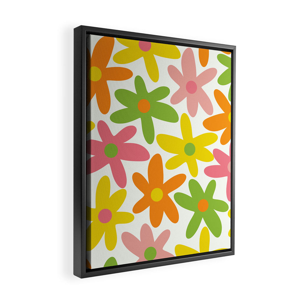 Daisy Time Retro Floral Pattern Green Pink Orange Yellow Framed Canvas Print Gallery Image 2