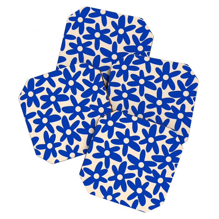 Daisy Time Retro Floral Pattern in Bright Blue and Cream Coaster Gallery Image 1