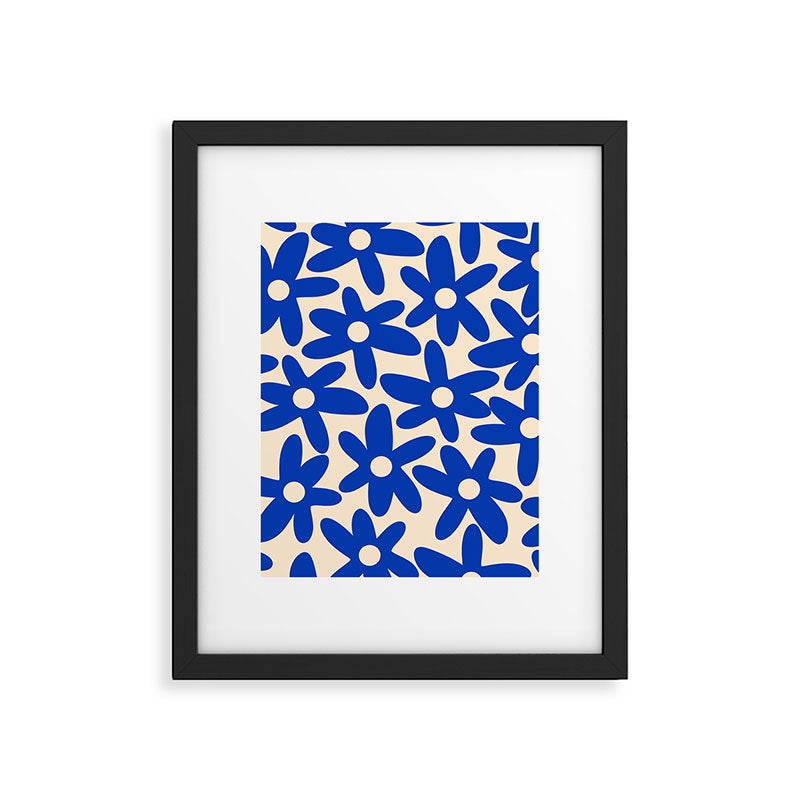 Daisy Time Retro Floral Pattern in Bright Blue and Cream Framed Art Print Gallery Image 6