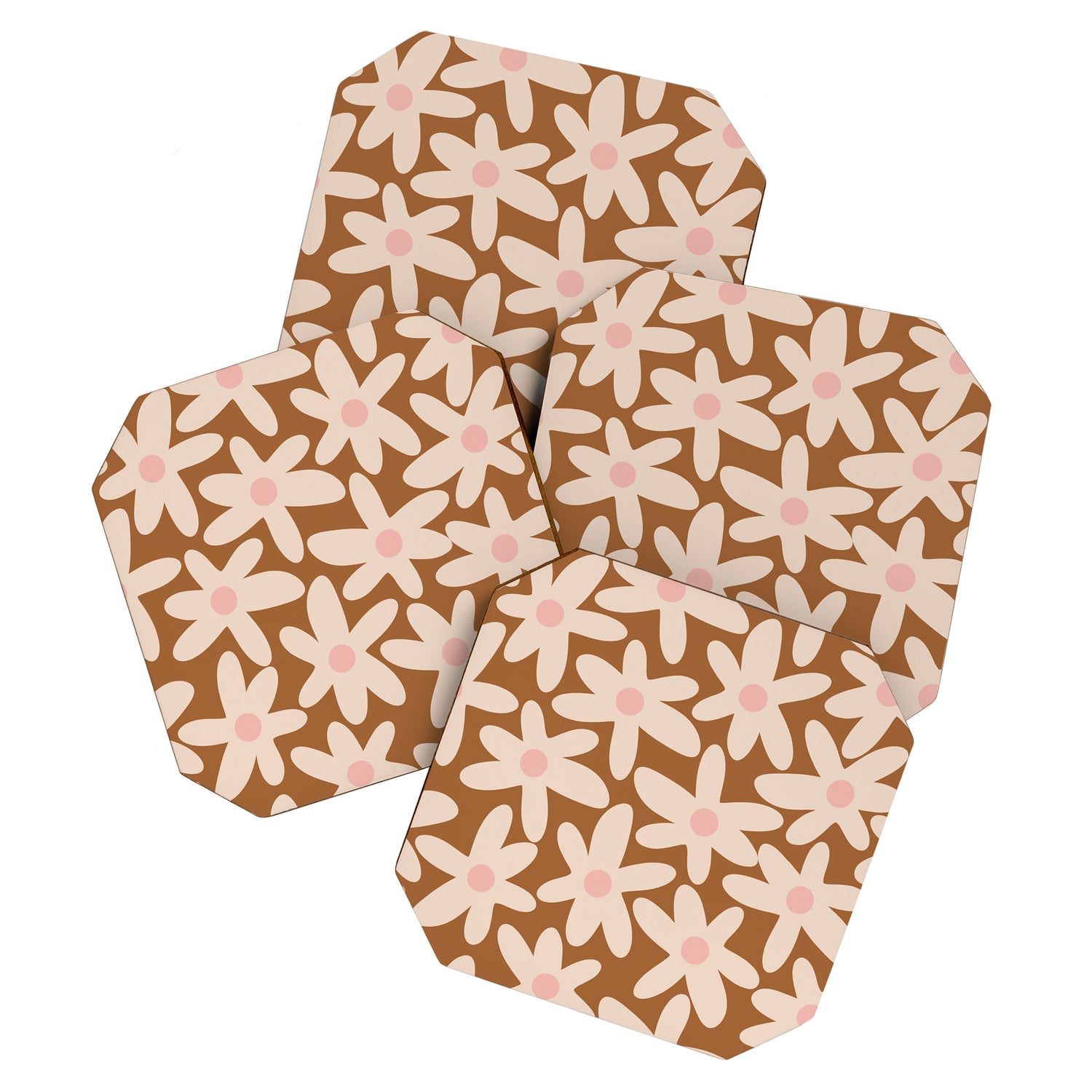 Daisy Time Retro Floral Pattern in Chocolate Brown and Blush Coaster Gallery Image 1