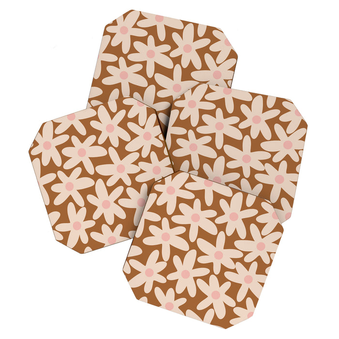Daisy Time Retro Floral Pattern in Chocolate Brown and Blush Coaster Gallery Image 1