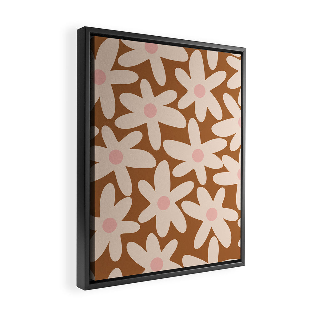 Daisy Time Retro Floral Pattern in Chocolate Brown and Blush Framed Canvas Print Gallery Image 2