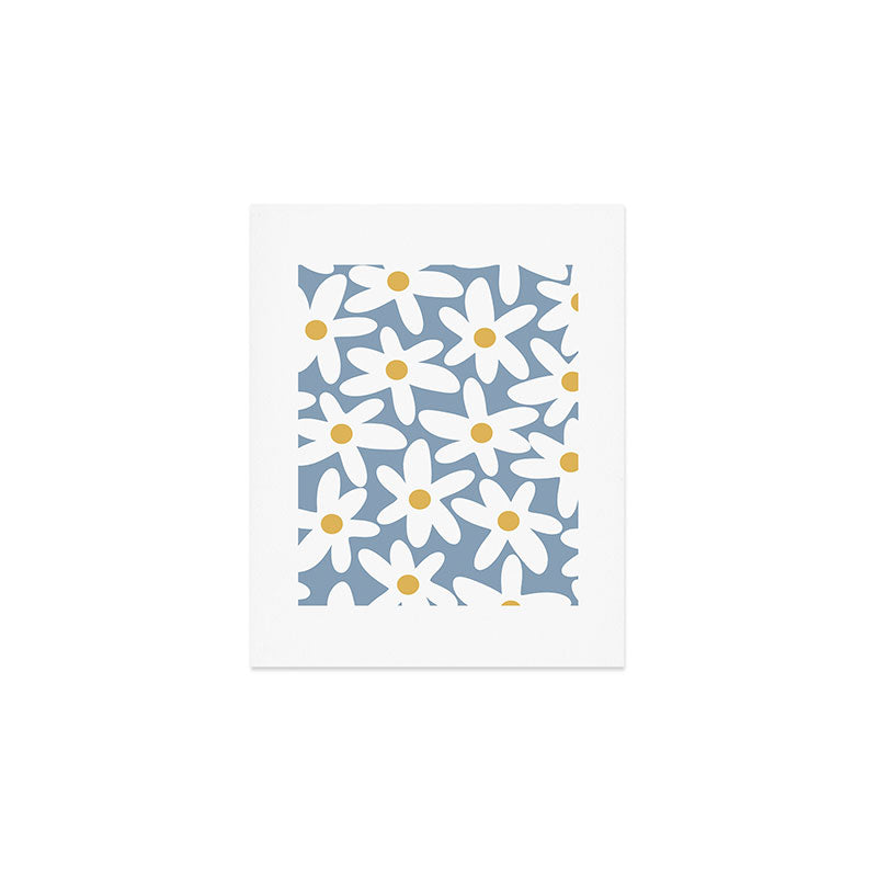 Daisy Time Retro Floral Pattern in Light Blue, White, and Mustard Art Print Gallery Image 1