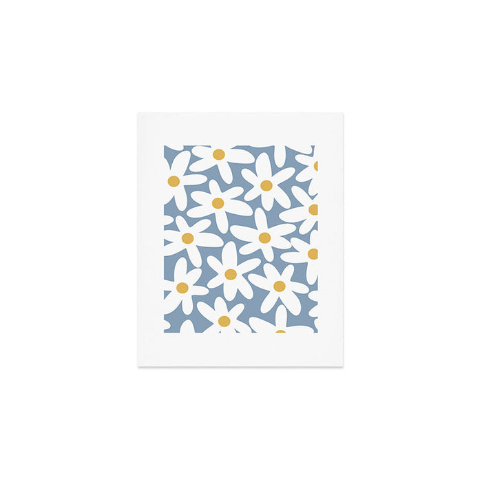 Daisy Time Retro Floral Pattern in Light Blue, White, and Mustard Art Print Gallery Image 1