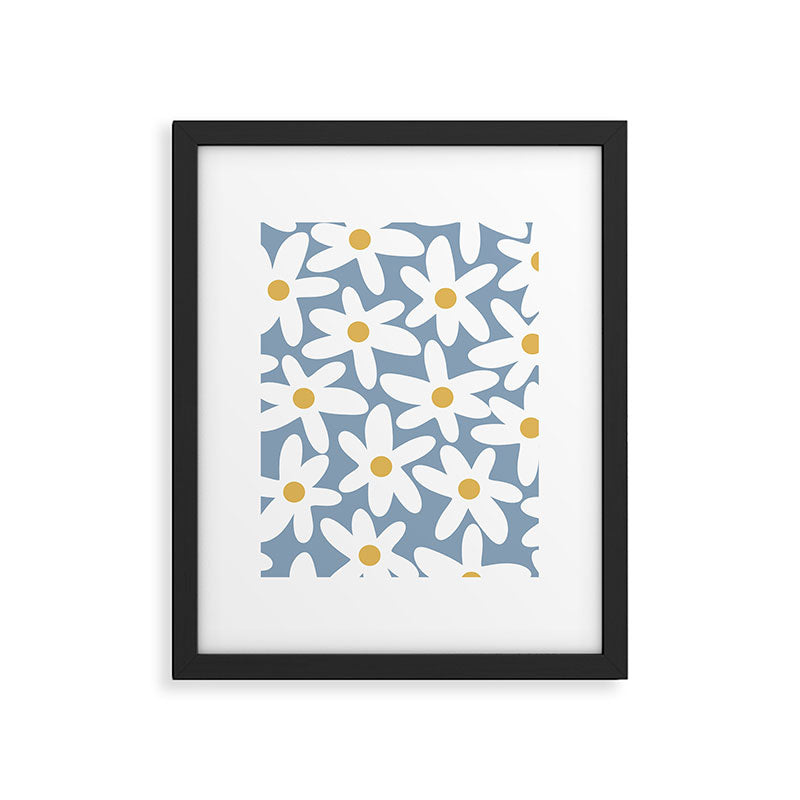 Daisy Time Retro Floral Pattern in Light Blue, White, and Mustard Framed Art Print Gallery Image 6