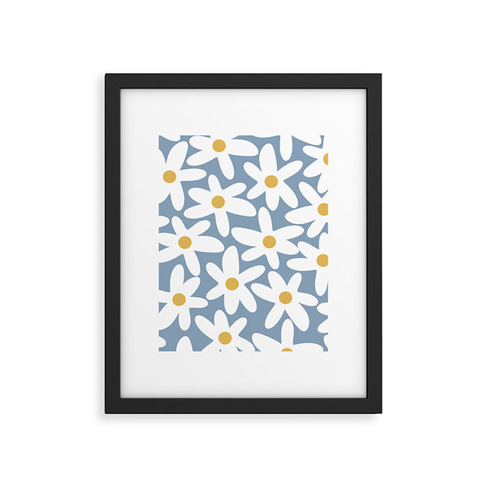 Daisy Time Retro Floral Pattern in Light Blue, White, and Mustard Framed Art Print Gallery Image 1