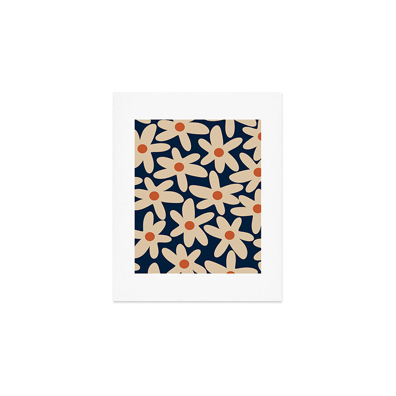 Daisy Time Retro Floral Pattern in Midcentury Blue Orange Beige Art Print Gallery Image 1