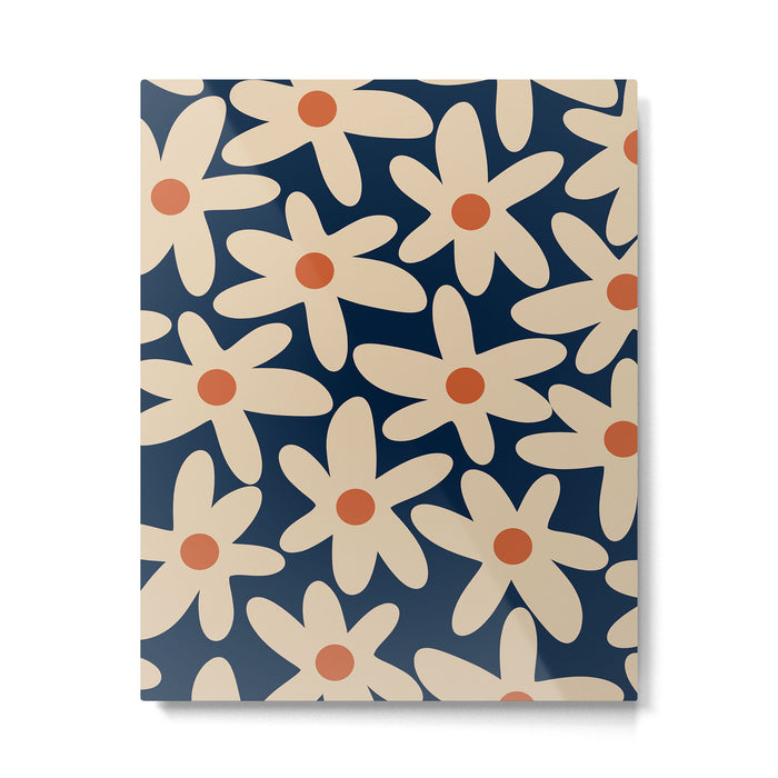 Daisy Time Retro Floral Pattern in Midcentury Blue Orange Beige Metal Print Gallery Image 1