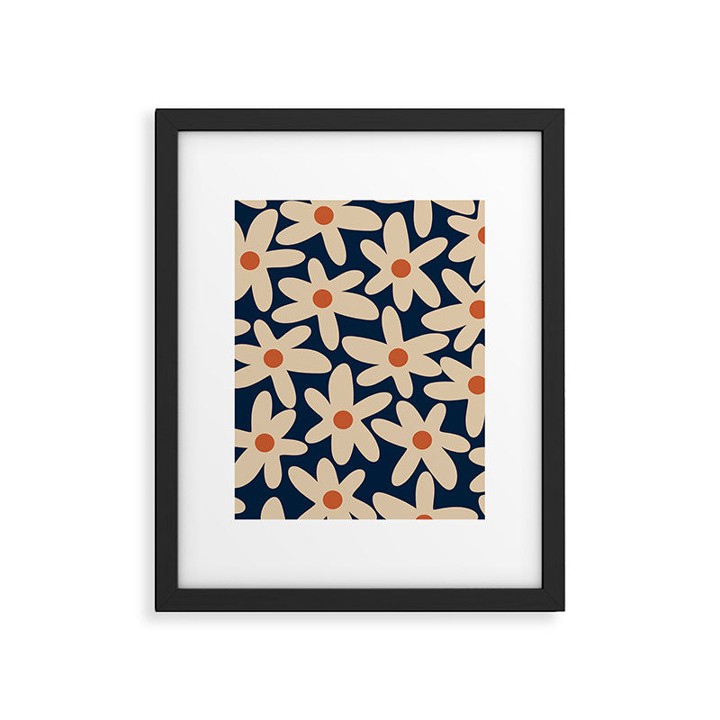 Daisy Time Retro Floral Pattern in Midcentury Blue Orange Beige Framed Art Print Gallery Image 6