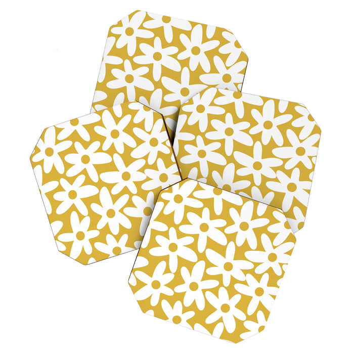 Daisy Time Retro Floral Pattern in Mustard and White Coaster Gallery Image 1