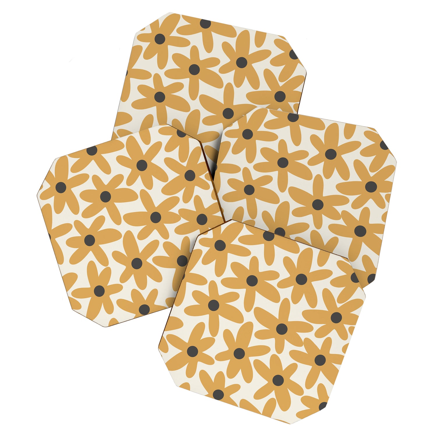 Daisy Time Retro Floral Pattern in Muted Mustard Gold, Charcoal Grey, and Cream Coaster Gallery Image 1