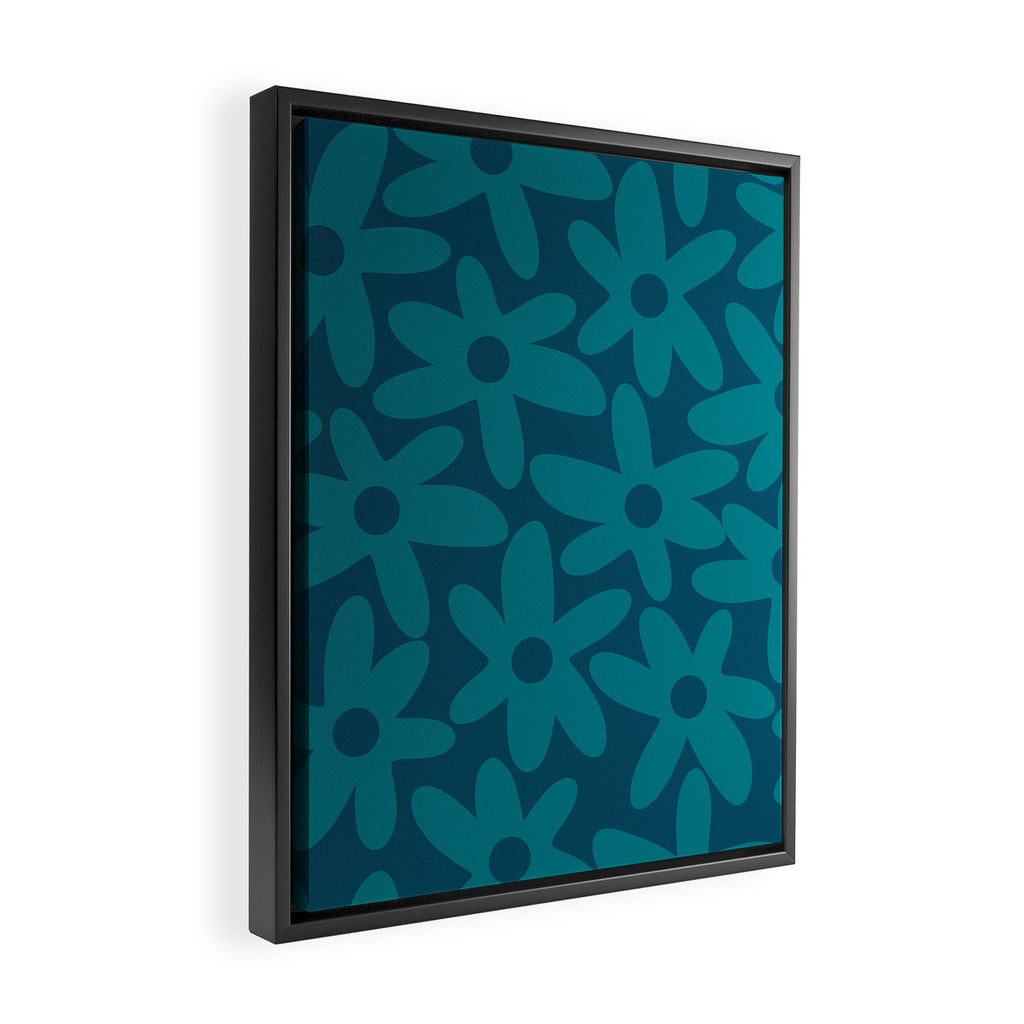 Daisy Time Retro Floral Pattern in Teal Blue Framed Canvas Print Gallery Image 2