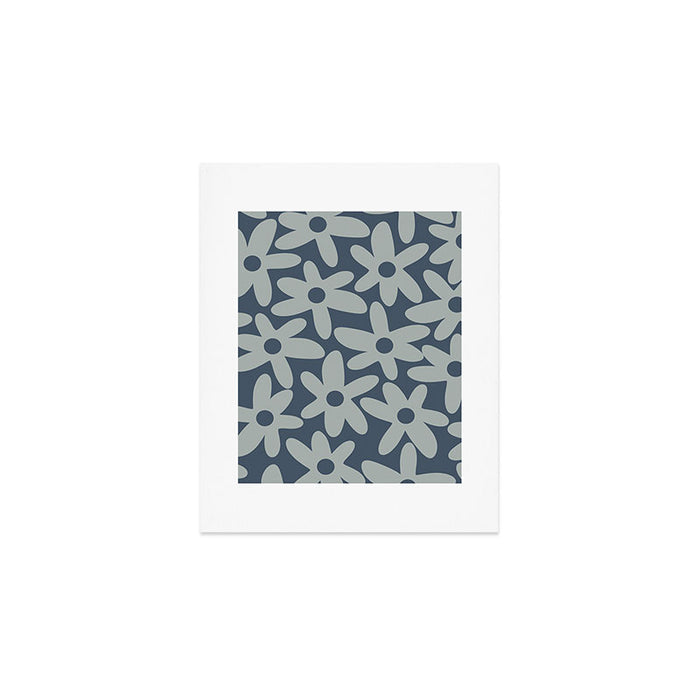 Daisy Time Retro Floral Pattern Neutral Blue Gray  Art Print Gallery Image 1
