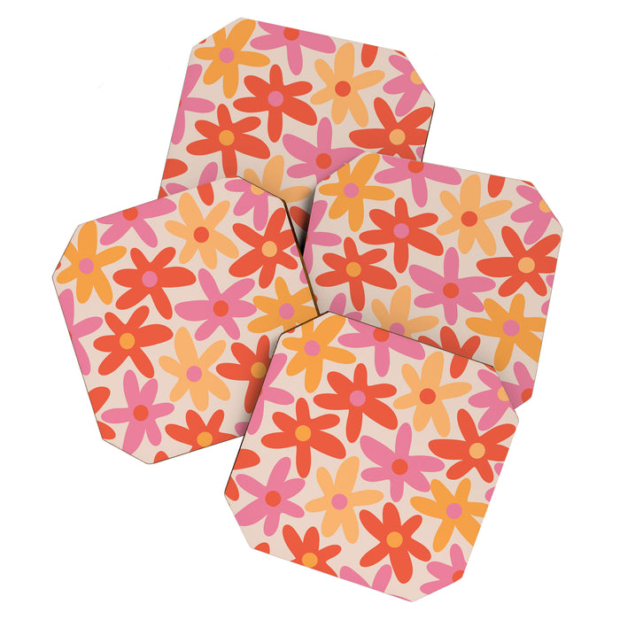 Daisy Time Retro Floral Pattern Pink Orange Coaster Gallery Image 1