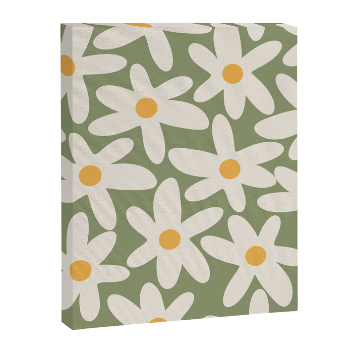 Daisy Time Retro Floral Pattern Sage Green Beige Mustard Canvas Print Gallery Image 1