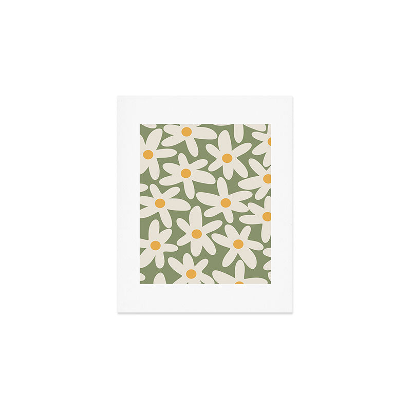 Daisy Time Retro Floral Pattern Sage Green Beige Mustard Art Print Gallery Image 1