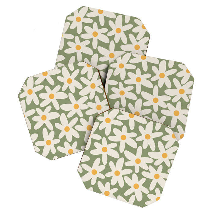 Daisy Time Retro Floral Pattern Sage Green Beige Mustard Coaster Gallery Image 1