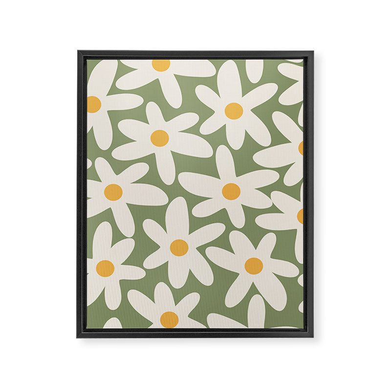 Daisy Time Retro Floral Pattern Sage Green Beige Mustard Framed Canvas Print Gallery Image 8