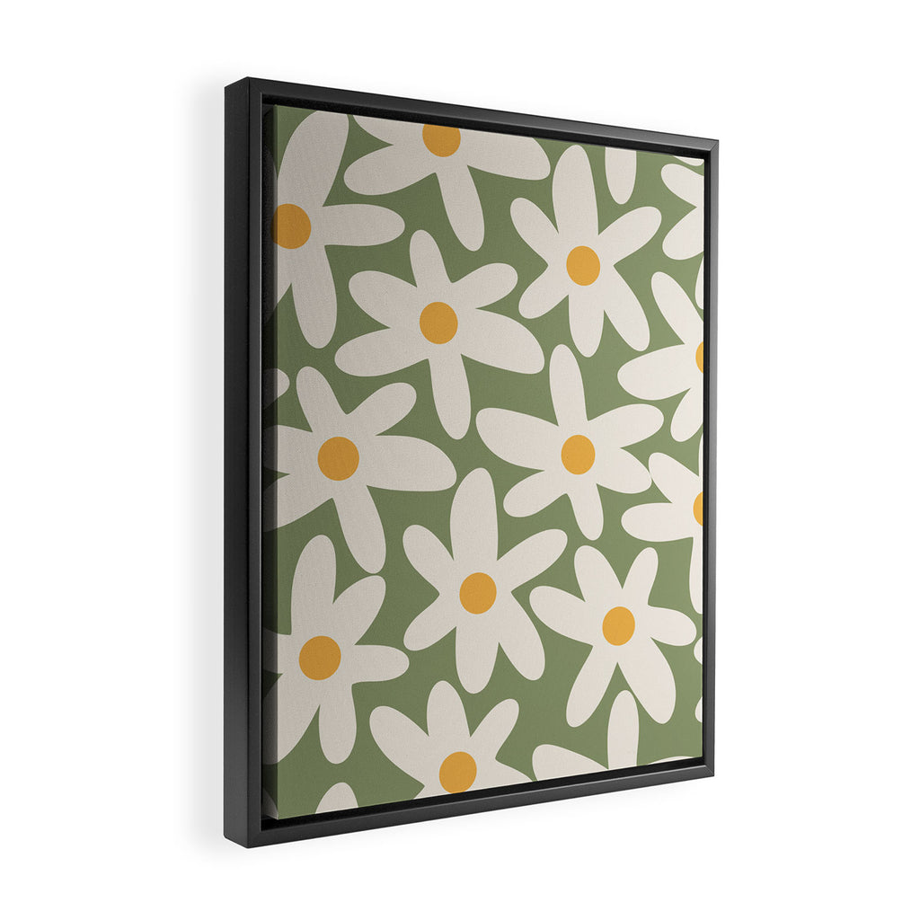 Daisy Time Retro Floral Pattern Sage Green Beige Mustard Framed Canvas Print Gallery Image 2