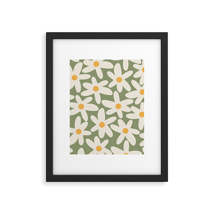Daisy Time Retro Floral Pattern Sage Green Beige Mustard Framed Art Print Gallery Image 1