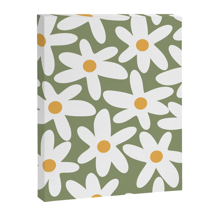 Daisy Time Retro Floral Pattern Sage Green White Mustard Canvas Print Gallery Image 1