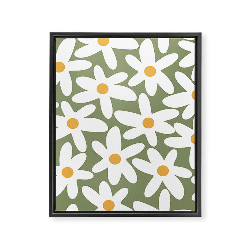 Daisy Time Retro Floral Pattern Sage Green White Mustard Framed Canvas Print Gallery Image 8