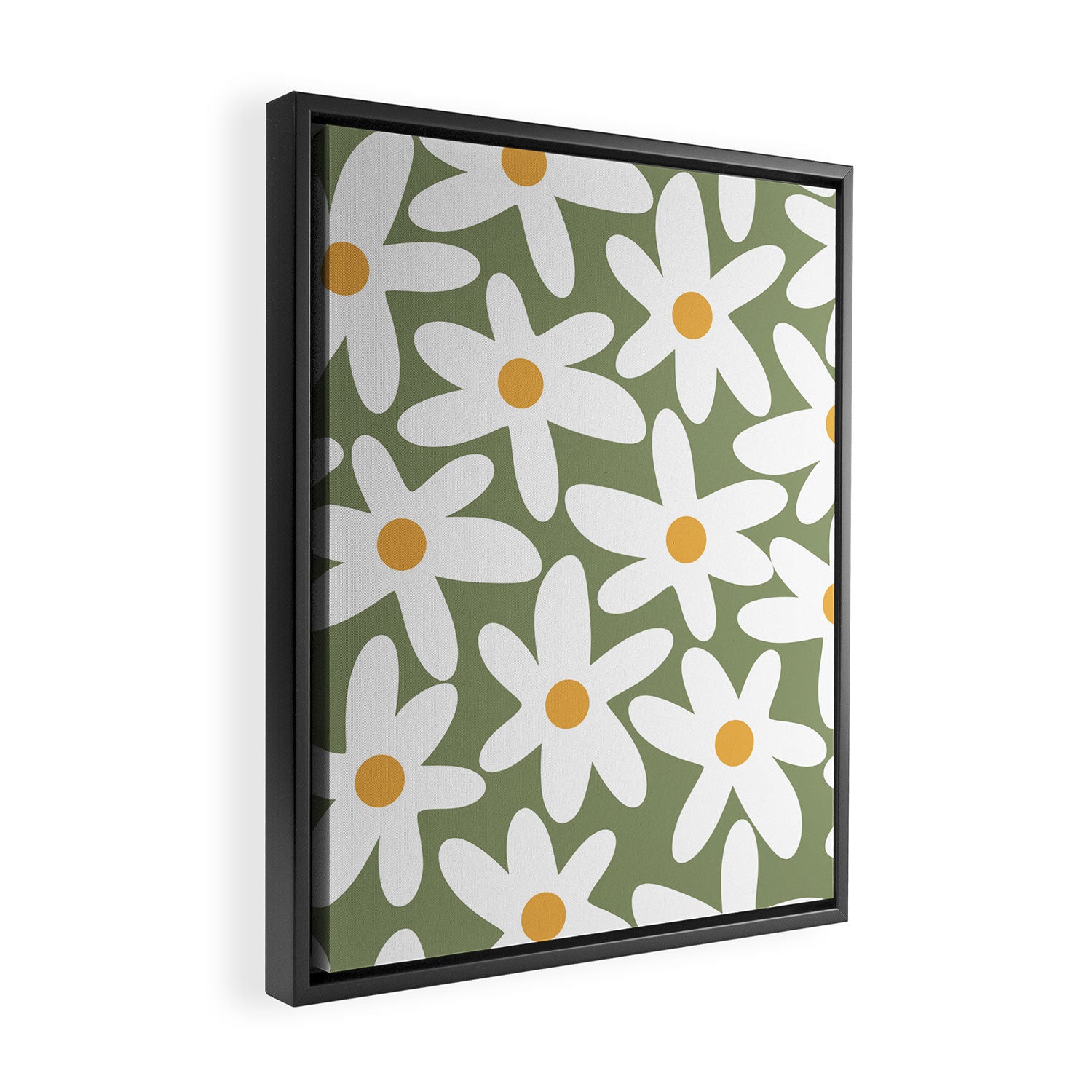 Daisy Time Retro Floral Pattern Sage Green White Mustard Framed Canvas Print Gallery Image 2
