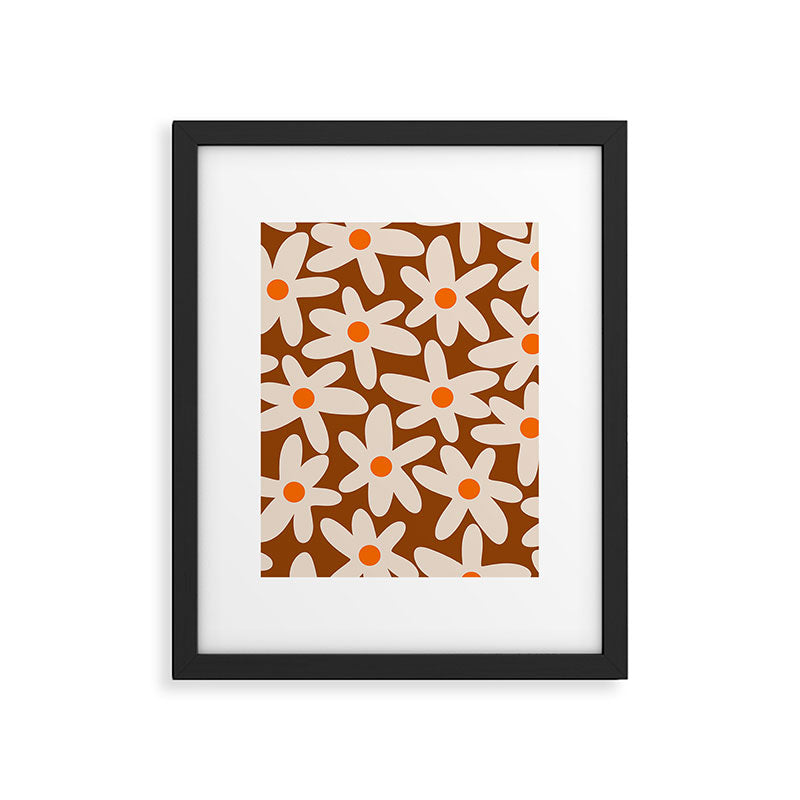 Daisy Time Retro Floral Pattern Brown Orange Beige Framed Art Print Gallery Image 6