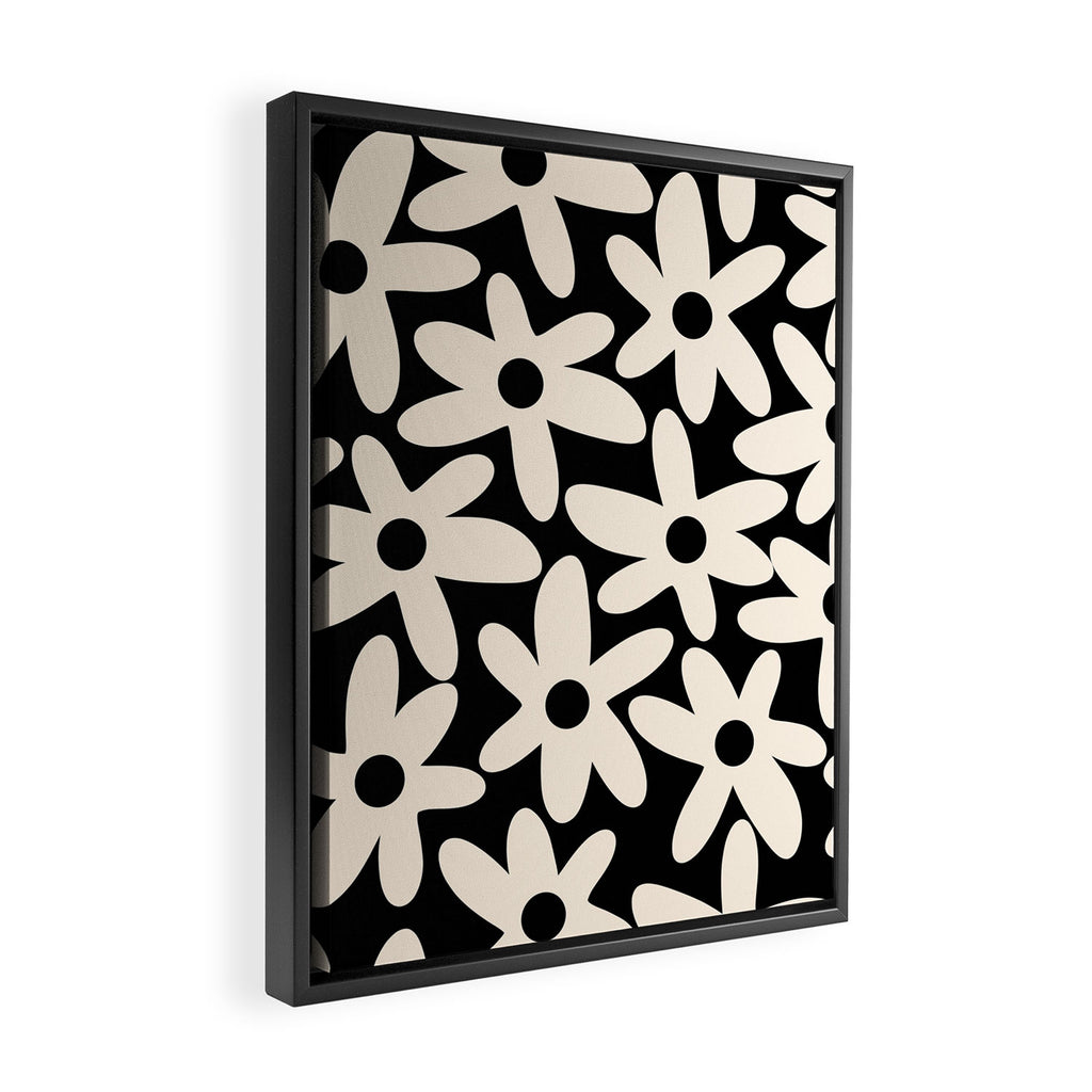 Daisy Time Retro Scandinavian Floral Pattern Black Almond Cream Framed Canvas Print Gallery Image 2