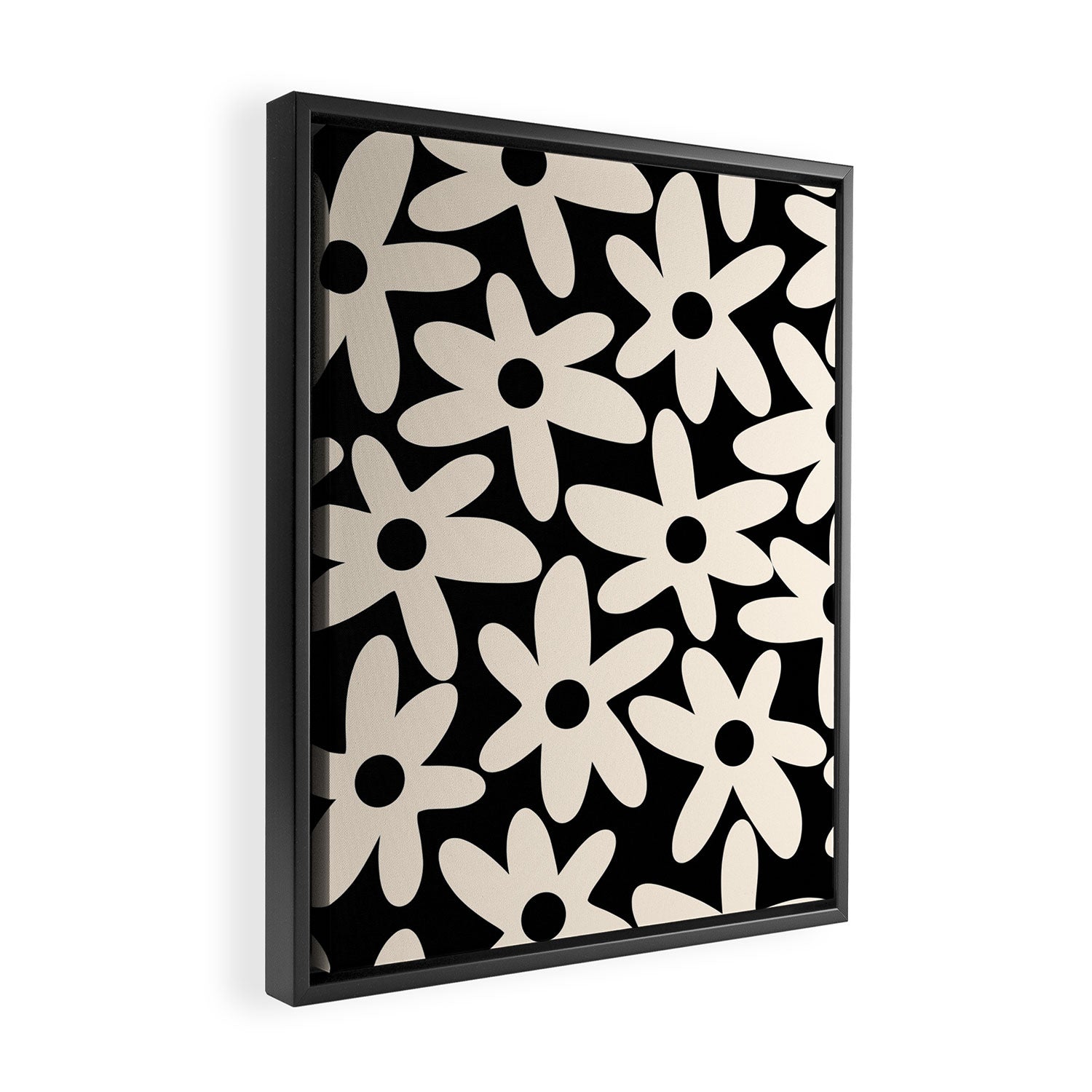 Daisy Time Retro Scandinavian Floral Pattern Black Almond Cream Framed Canvas Print Gallery Image 2