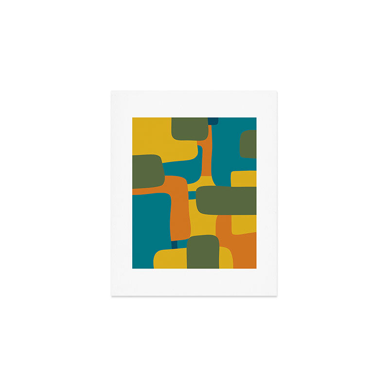 Deconstructed Quilt Modern Minimalist Pattern in Teal, Green, Orange, and Mustard Art Print Gallery Image 1