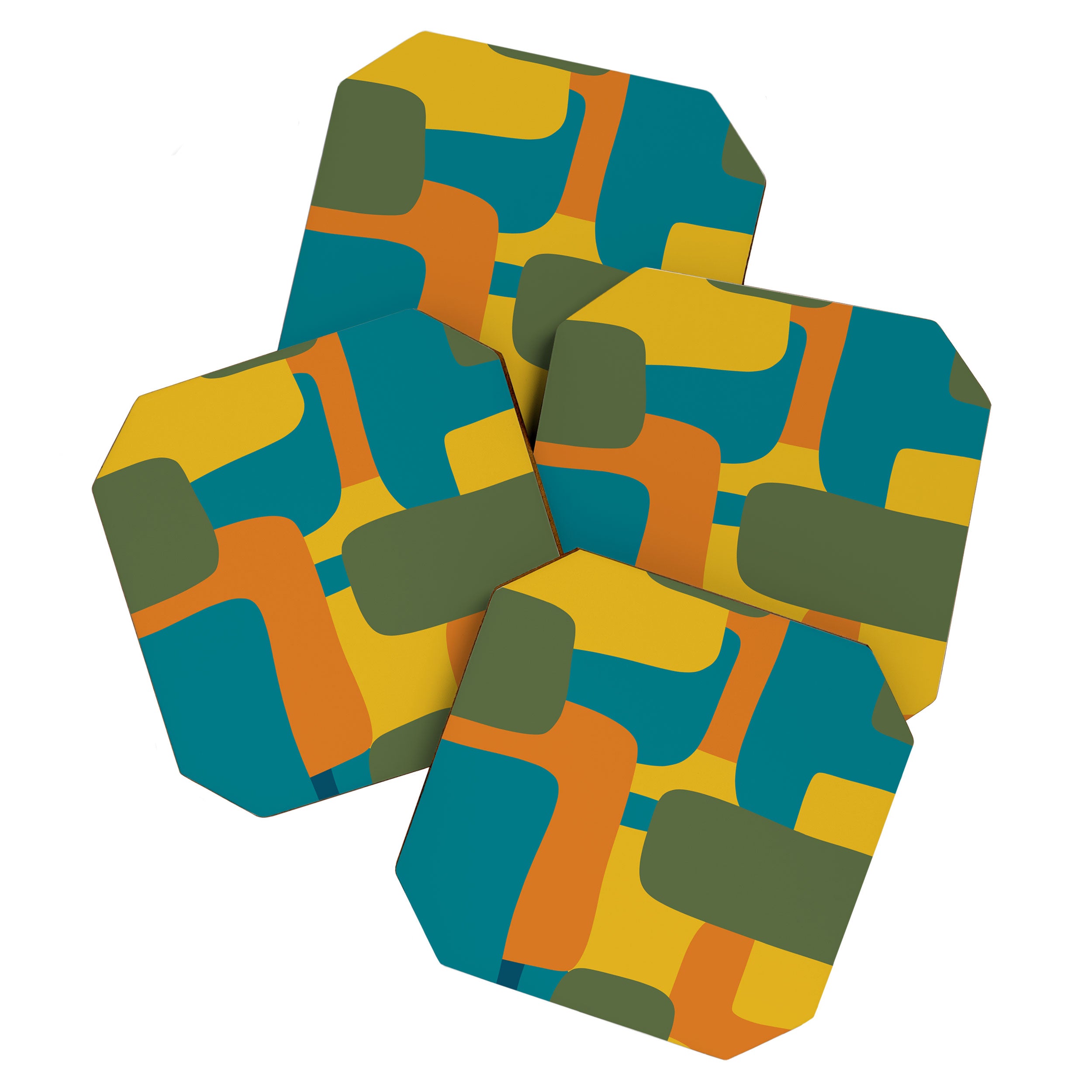 Deconstructed Quilt Modern Minimalist Pattern in Teal, Green, Orange, and Mustard Coaster Gallery Image 1