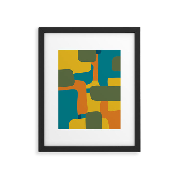 Deconstructed Quilt Modern Minimalist Pattern in Teal, Green, Orange, and Mustard Framed Art Print Gallery Image 1