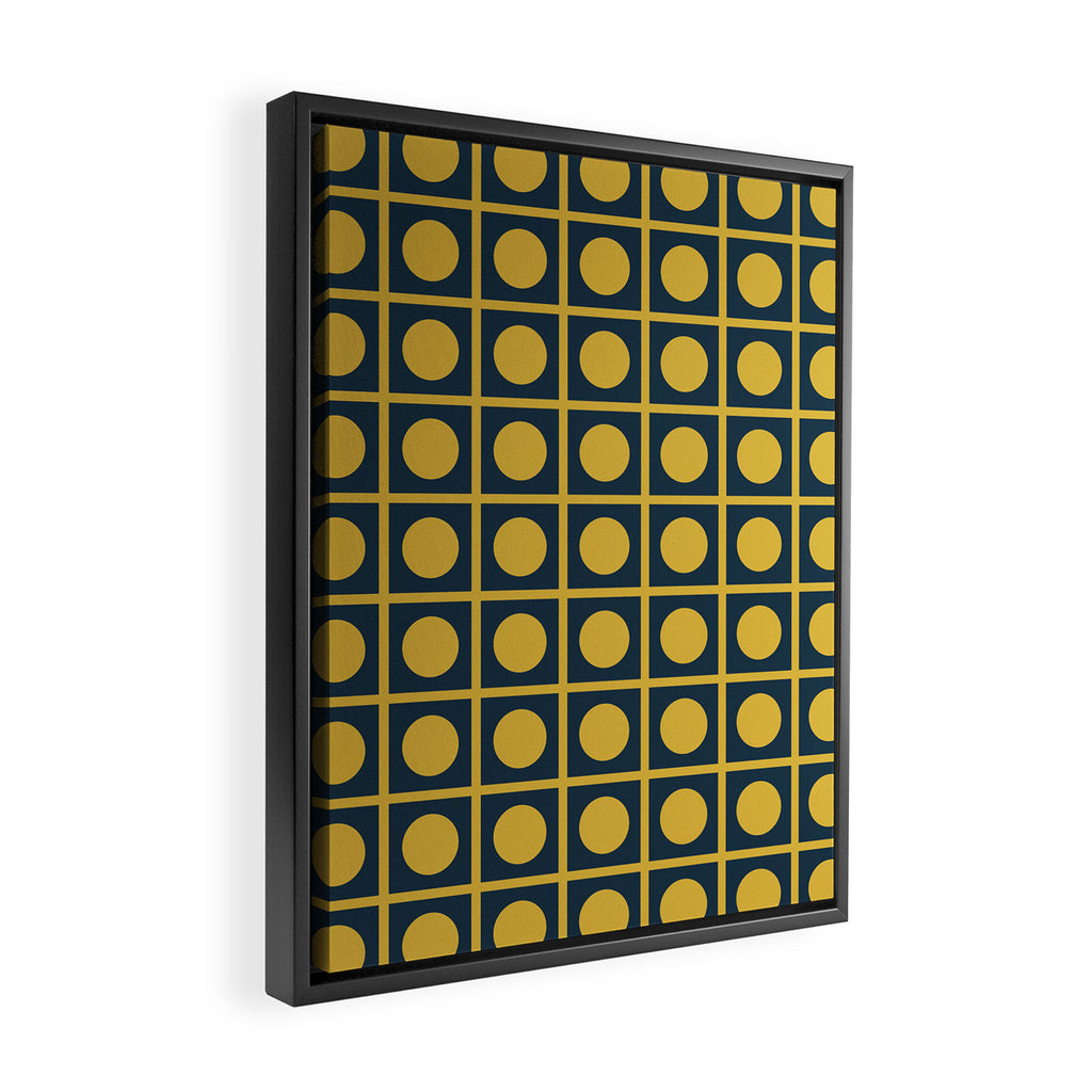 Dot Grid Retro Modern Pop Pattern in Mustard and Navy Blue Framed Canvas Print Gallery Image 2